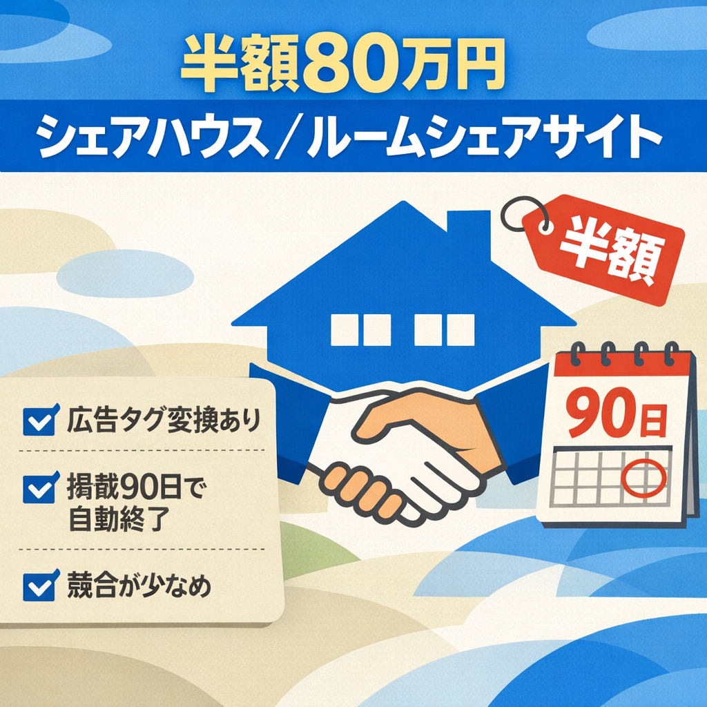 【半額】シェアハウス・ルームシェアのマッチングサイトを売却します！【80万円】