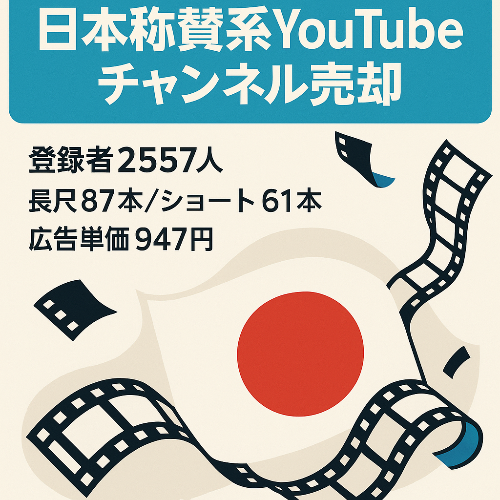 日本称賛系Youtubeチャンネルを売却します。現在のチャンネル登録者数 2,557件、長尺動画87本、ショート61本投稿済み