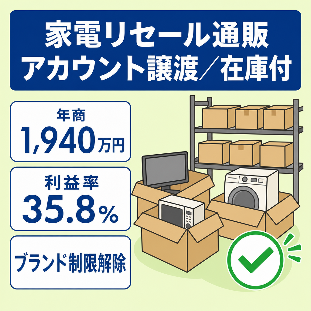 EC事業：家電せどり特化｜年商1,940万｜利益率35.8%｜評価4.7｜大手家電ブランド解除済｜FBA在庫付｜サポートト