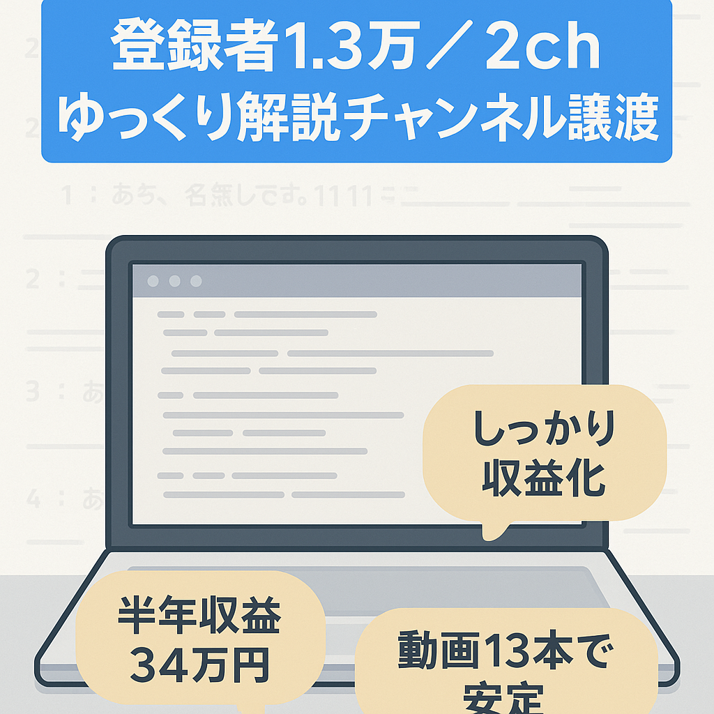 登録者1.3万人超え！2ch系ゆっくり解説chの譲渡（今年1月1日～7月20日までの投稿数は13本、収益は約34万円）