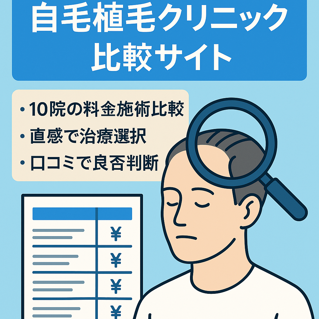 自毛植毛クリニックについて、施術の費用や実績など13の基本項目を基に比較したサイト