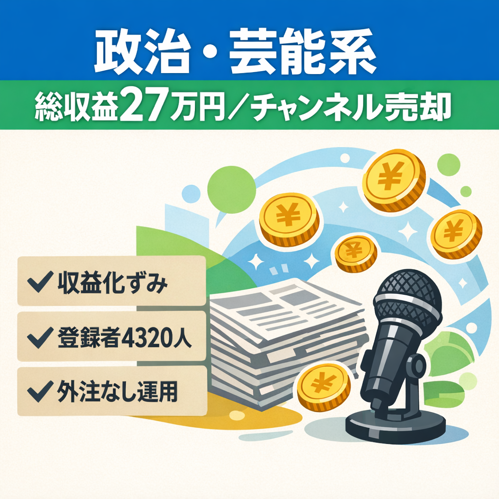 【政治芸能系】 総収益 27万円 収益化済み 累計3000再生 外注なし 登録者数4320人