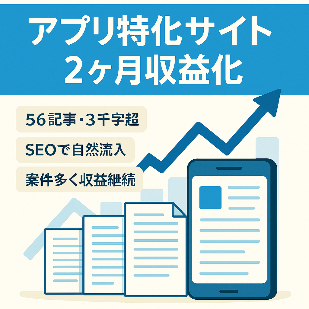 【アプリ特化サイト】2ヶ月で収益化・56投稿で収益が継続発生中！