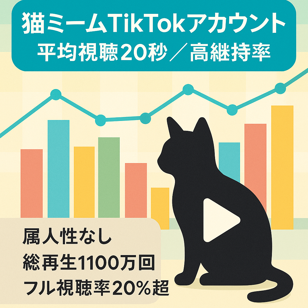 【大人気猫ミームTiktokアカウント】血液型×猫ミーム　属人性なし　毎回平均視聴20秒超え（33%）、フル視聴率も20%超え