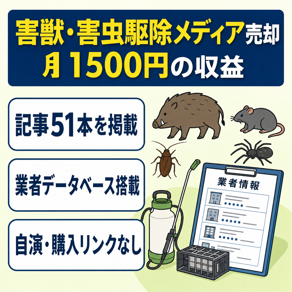 最終値下げ※【属人性なし！記事50記事超＆月1500円収益前後】害獣・害虫駆除特化メディア