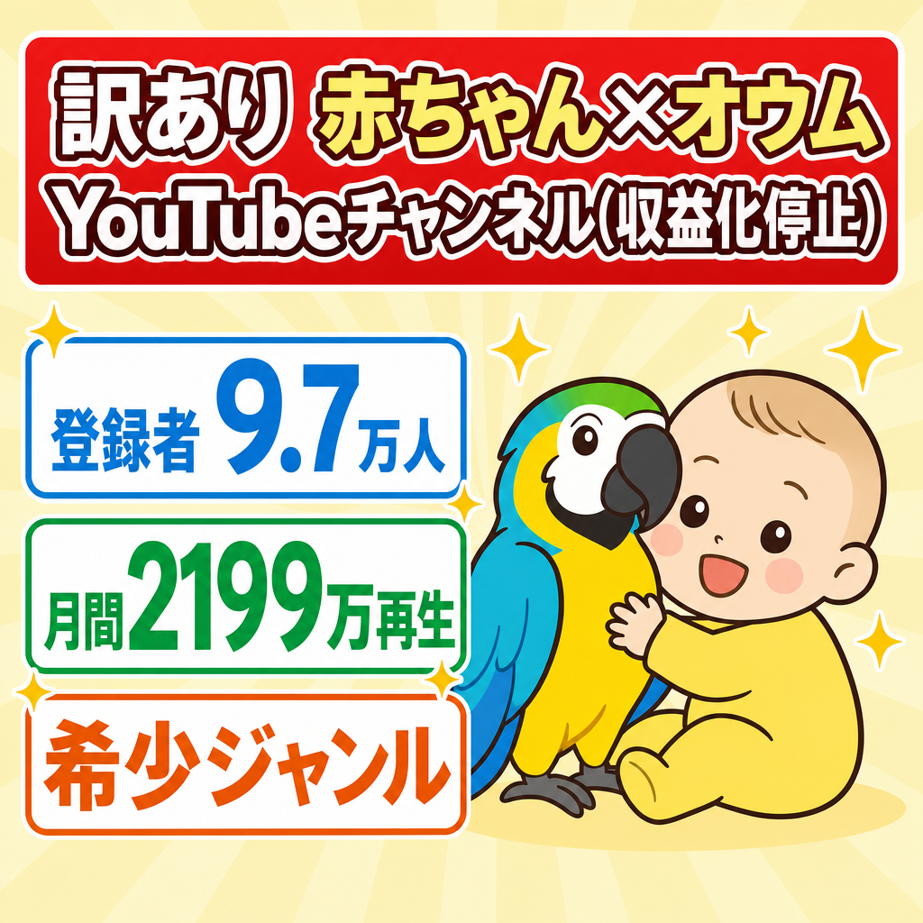 訳あり：【登録者9.7万人】赤ちゃん×オウム系YouTubeチャンネル／月間2199万再生実績あり ＊訳あり　収益化停止