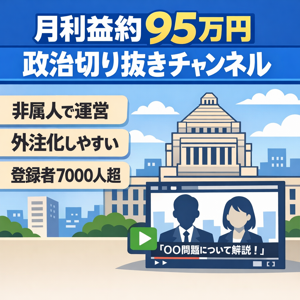 【月利益約95万円登録者7,000人↑】非属人/顔・声出し撮影一切不要/フル外注化可能/切り抜きYouTubeチャンネル(時事・政治系)