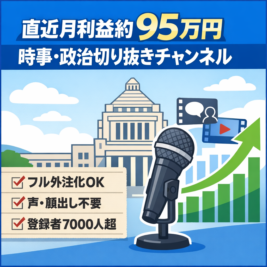 【直近月利益約95万円登録者7,000人↑】非属人/顔・声出し撮影一切不要/フル外注化可能/切り抜きYouTubeチャンネル(時事・政治系)