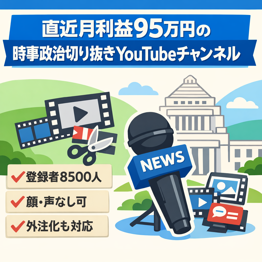 【直近月利益約95万円！登録者8,500人↑】非属人/顔・声出し撮影一切不要/フル外注化可能/切り抜きYouTubeチャンネル(時事・政治系)