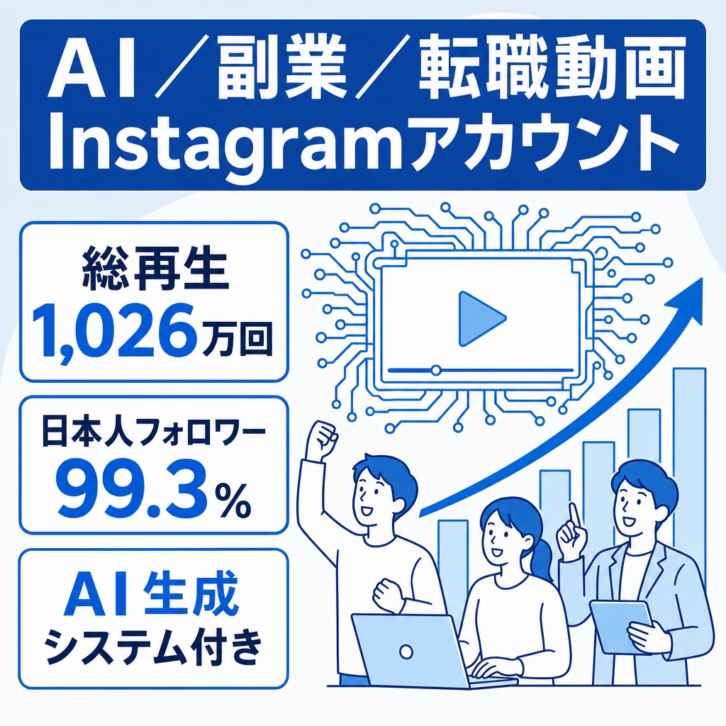 【AI・副業・転職】Instagramショート動画運営事業｜総再生1,026万回｜日本人フォロワー99.3%｜AI動画自動生成システム・運営マニュアル付き