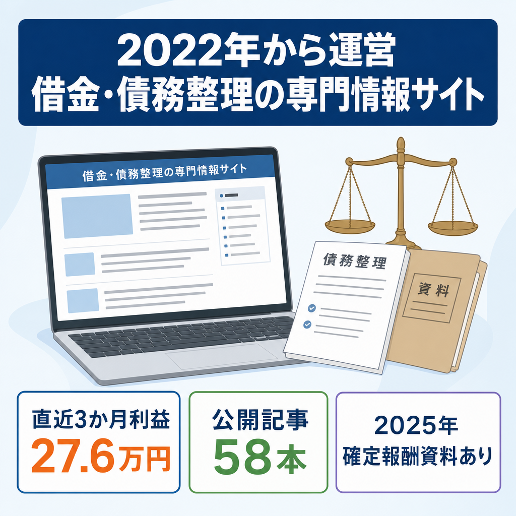 【過去最大売り上げ107万円】借金・債務整理の専門情報サイト／公開58記事・2022年から運営