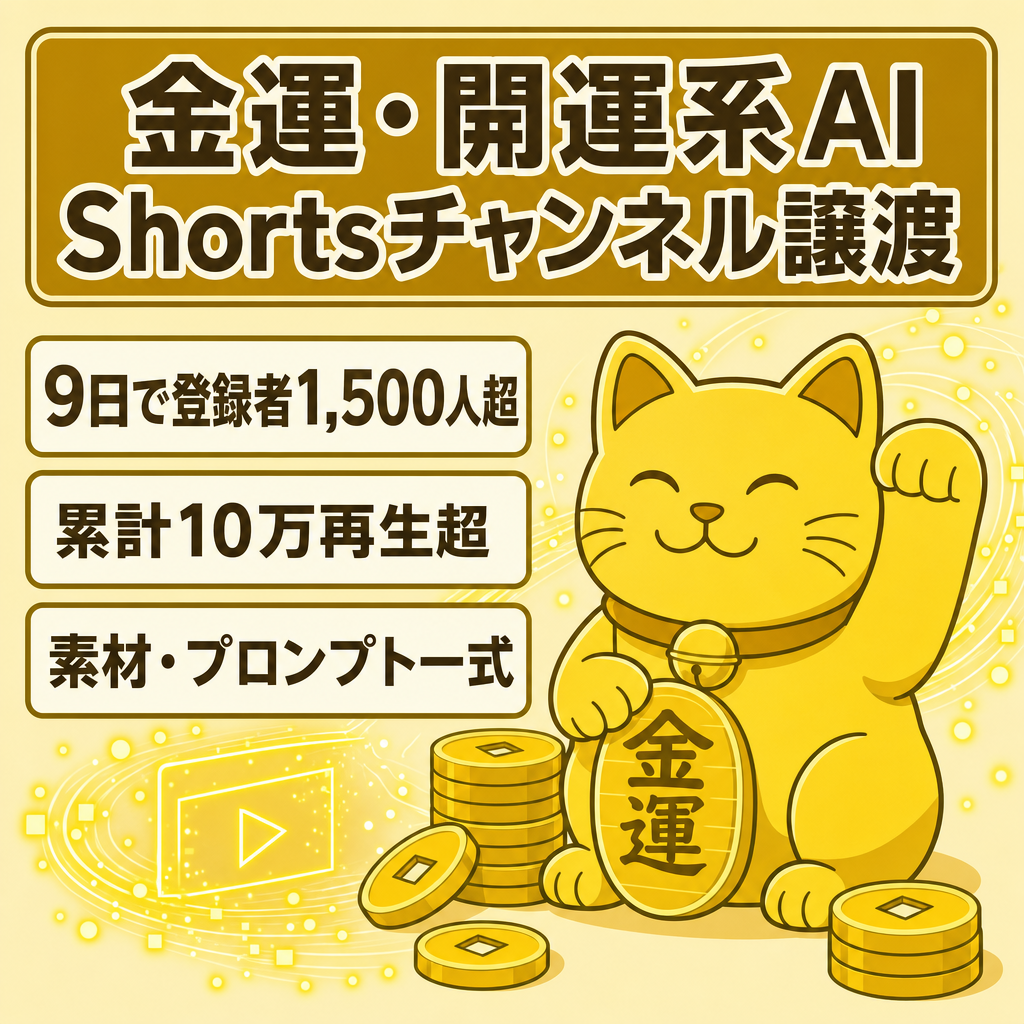 【運用開始9日間で登録者1,500人超】金運・開運系AI Shorts｜累計10万再生超・制作素材/プロンプト一式 投稿継続中
